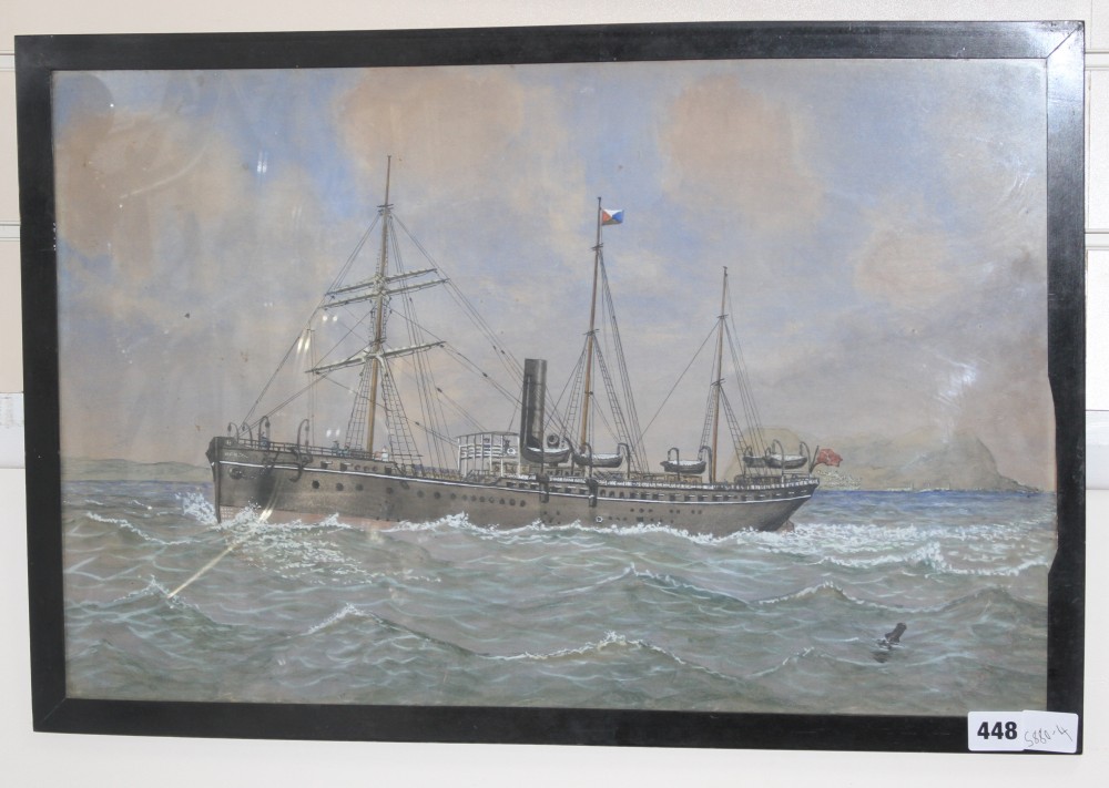 Fred Walker, gouache and watercolour, S.S. Bengal off Gibraltar, signed, 36 x 57cm